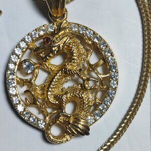 Gold Chinese Dragon Year Pendant Necklace Gold Tone Rhinestones 22 inch Chain